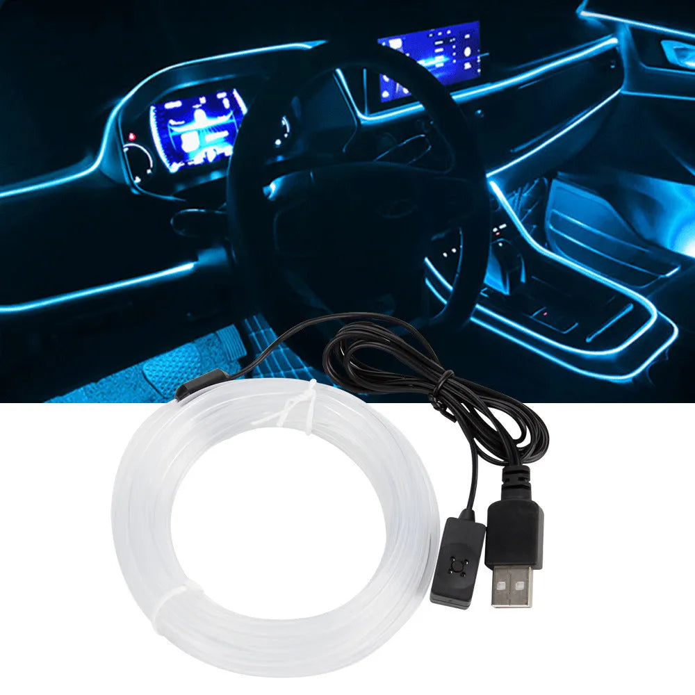 Colourful EL ambience light strip for car interior with USB connector, shown in various lengths.