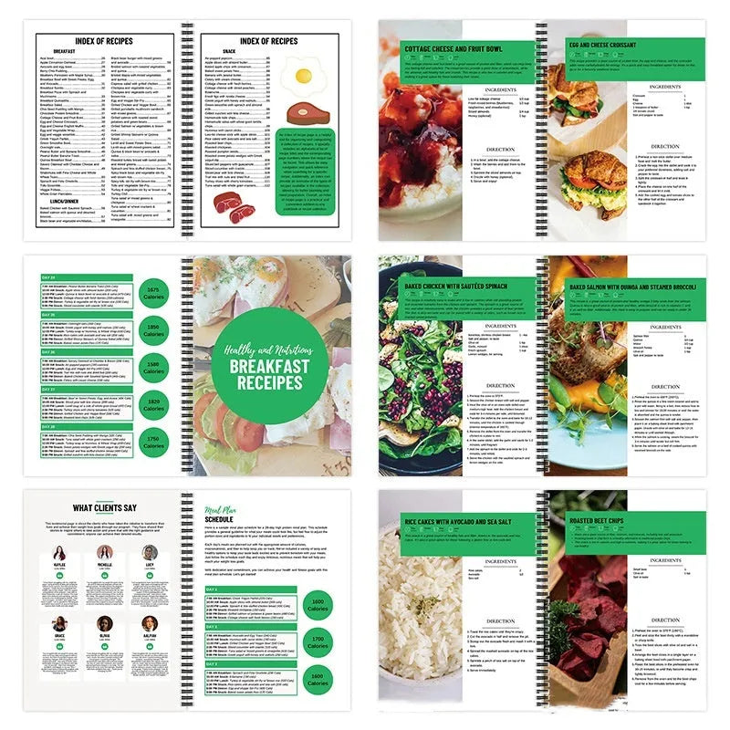 28-day high-protein diet plan book on paper, A4 size 21cm by 28.5cm, with cover titled 28Day Dietary Plan