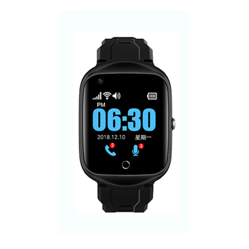 Black elderly safety smartwatch with square screen and silicone strap showing GPS and SOS functions.