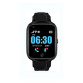 Black elderly safety smartwatch with square screen and silicone strap showing GPS and SOS functions.