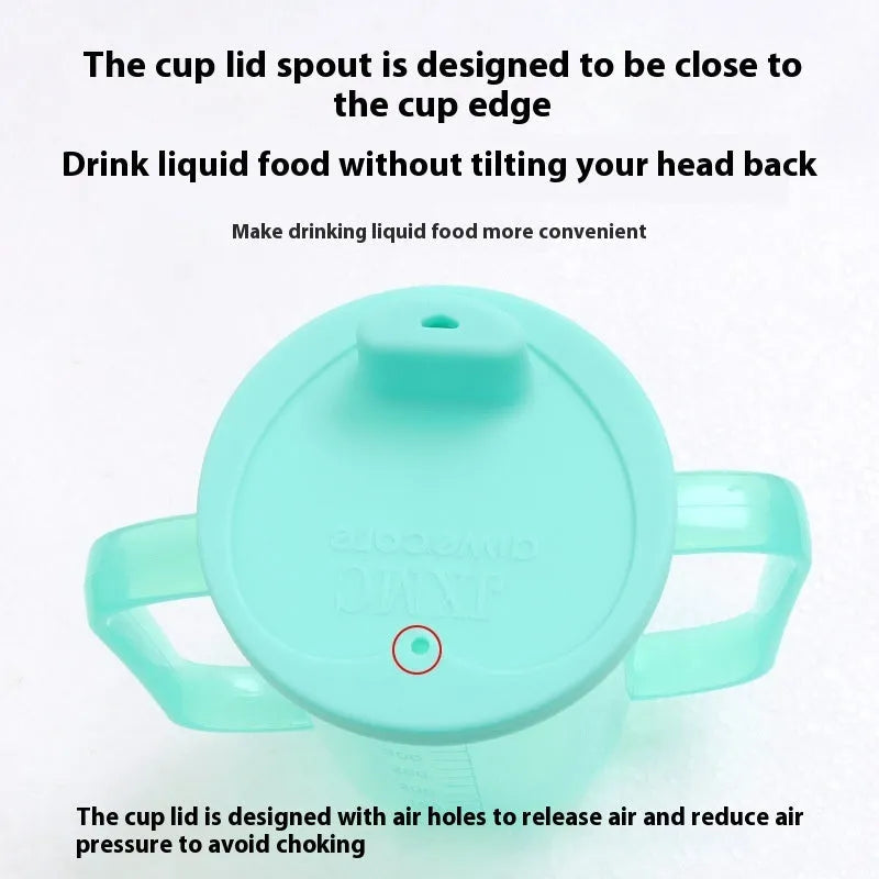 Adult care choking prevention drinking cup with handle and lid, made from white PP plastic.