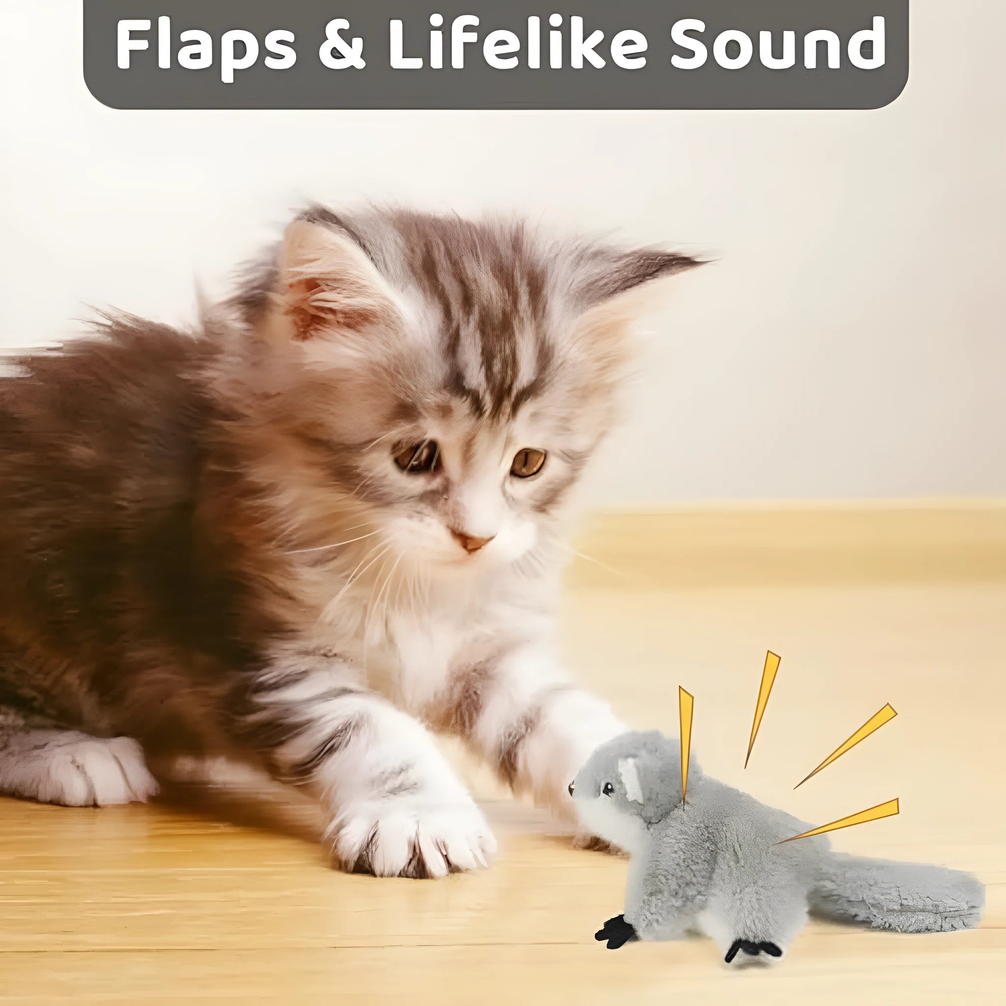 Grey flapping squirrel cat toy with USB charging cable for interactive feline play