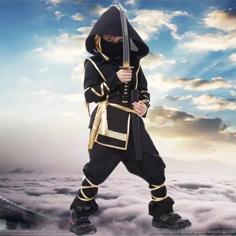 Children's Halloween cosplay costume set in black and gold with mask, armour, and accessories