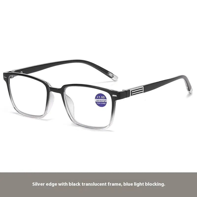 A pair of black multifocal reading glasses with metallic arms and colour-changing, anti-blue light lenses.