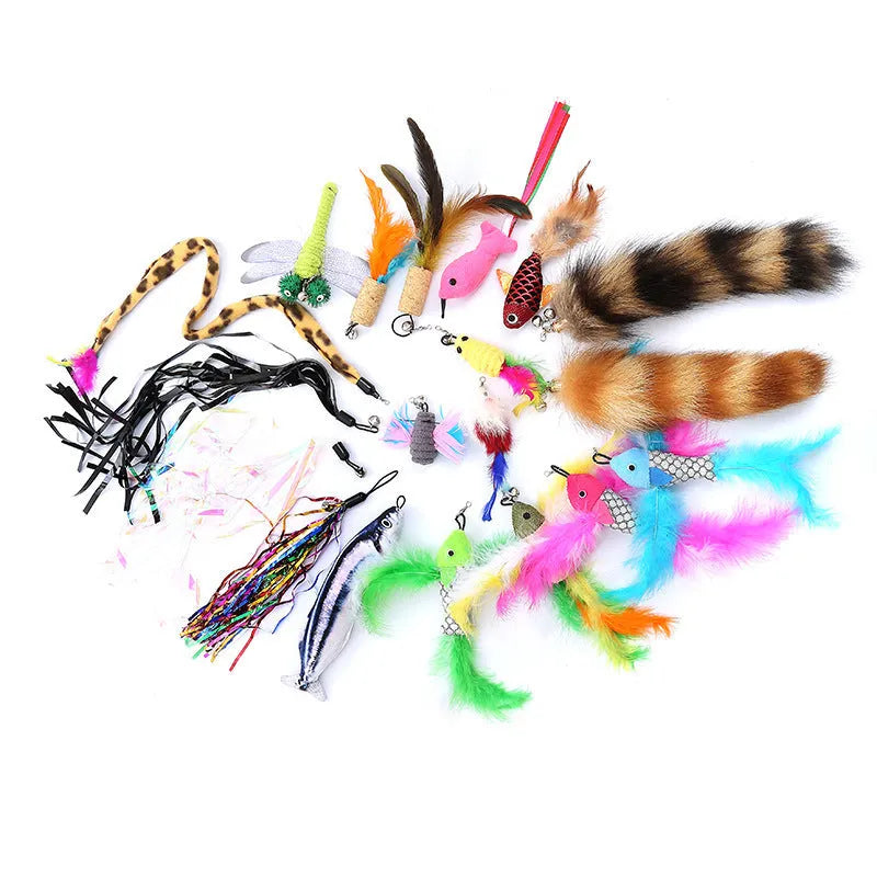Cat teasing fishing rod toy with feather heads and replacement attachments