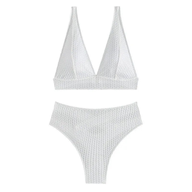 White backless bikini swimsuit set on a mannequin, showing front and back views.