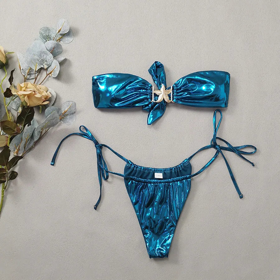 Glossy starfish pattern tube top bikini in blue or pink with quick-drying polyester fabric