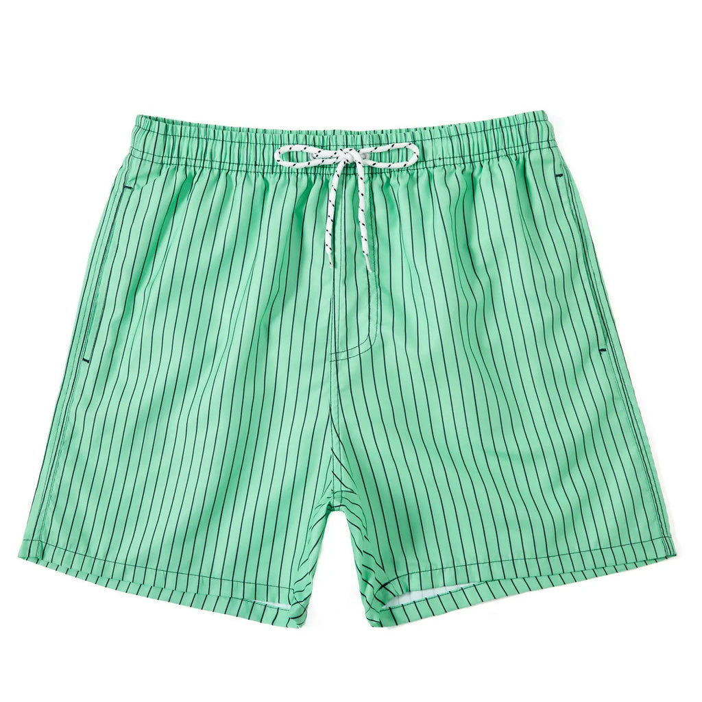 Men's navy blue polyester beach shorts with striped triangle lining and straight leg opening.
