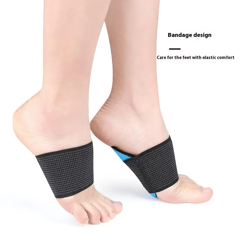 Blue elastic bandage foot pads with arch support for flat feet in adult and children sizes