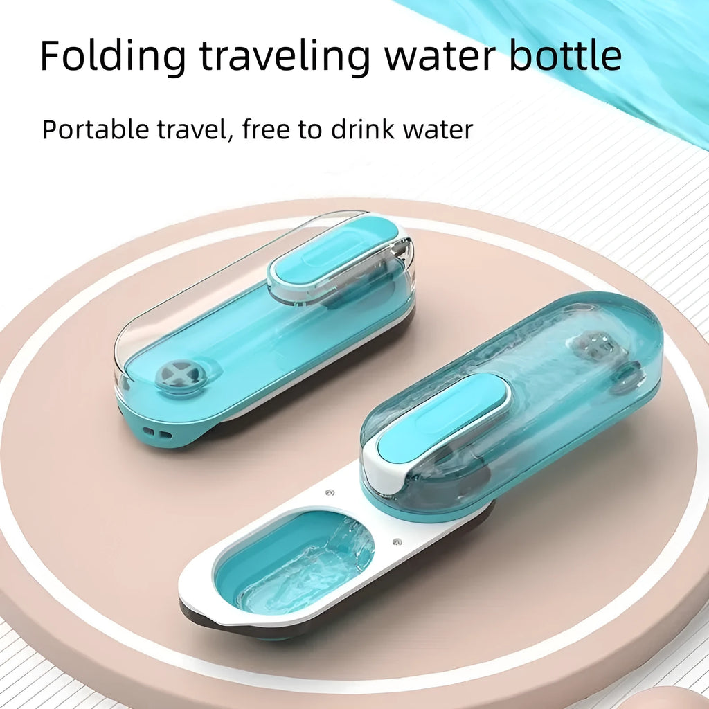 Portable pet water bottle with foldable silicone drinking bowl in blue, grey, and pink colour options