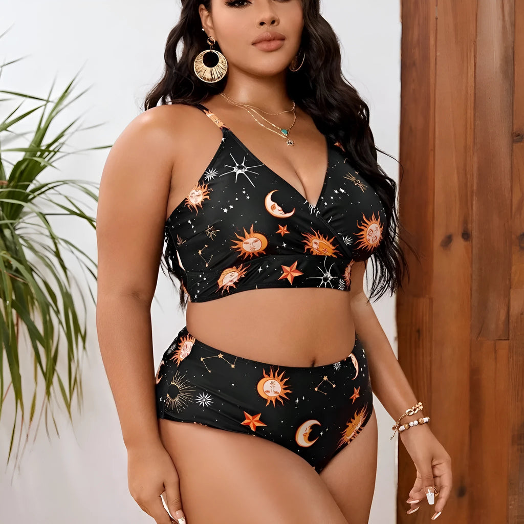 Women's split printed large size swimsuit in sleeveless briefs style, multicolour, sizes L to 4XL