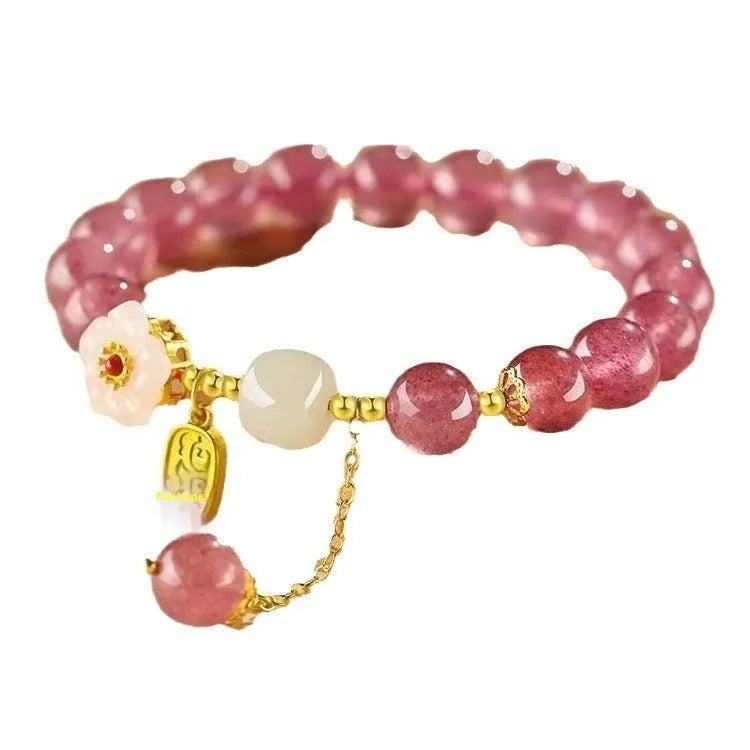 Handmade strawberry quartz crystal bracelet with Hetian jade peach blossom accents in natural style