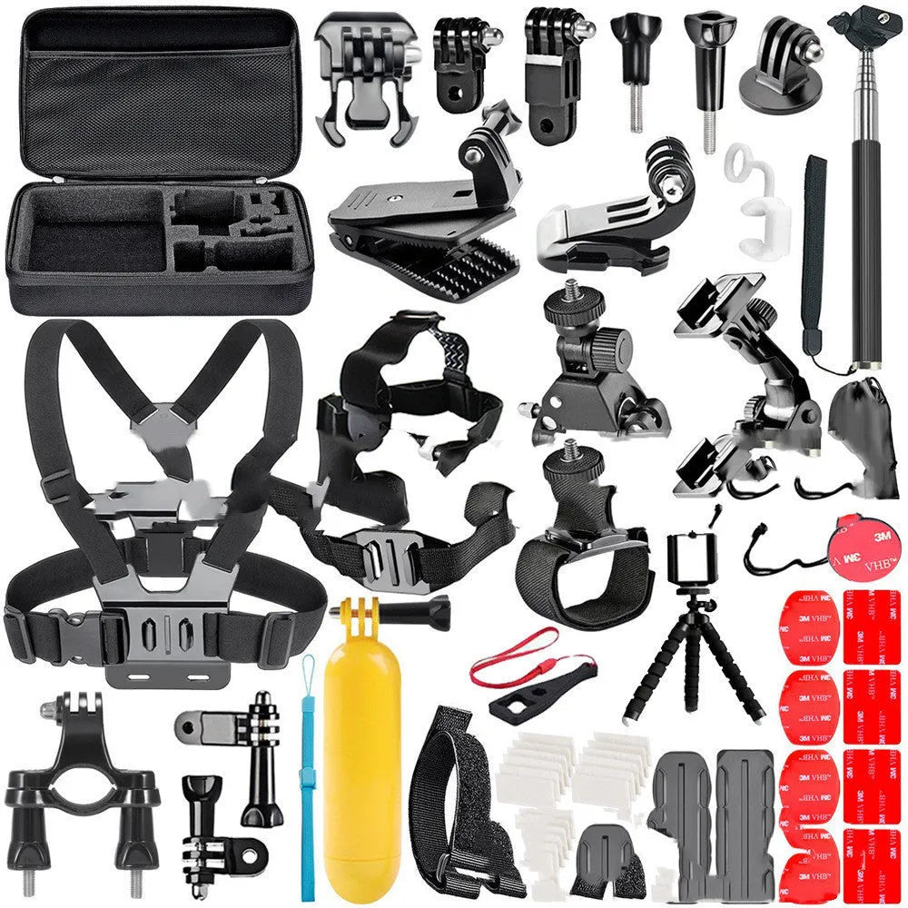 Black GoPro accessories set with a chest strap and a helmet tripod mount on a white background.