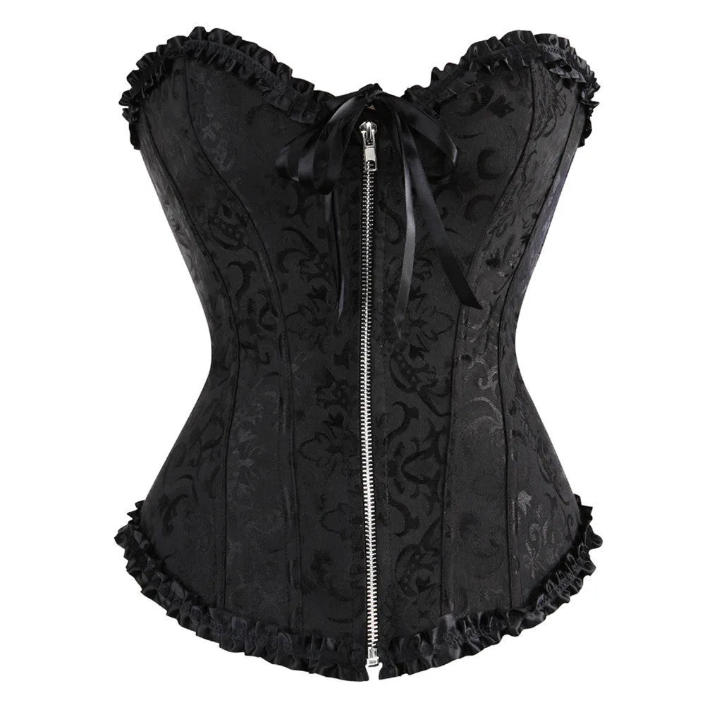 Women's black and red jacquard pattern corset with a front zipper fastening.