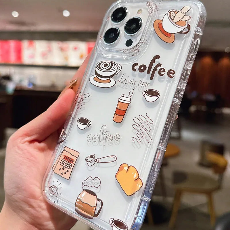 Coffee airbag transparent silicone phone case for Apple iPhone with cartoon design