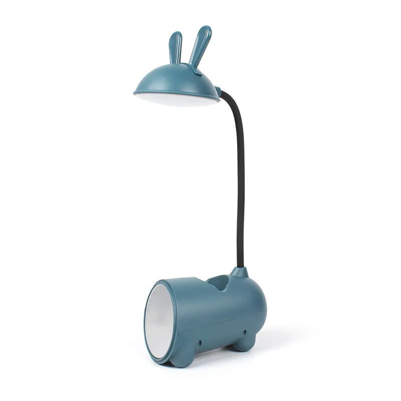 Cartoon USB desk lamp with pen storage compartments in dark blue, green, and pink colour options