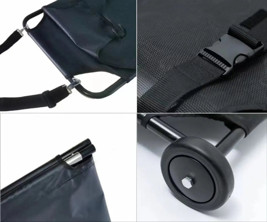 Large black aluminium alloy foldable pet stretcher for dog emergency transport.