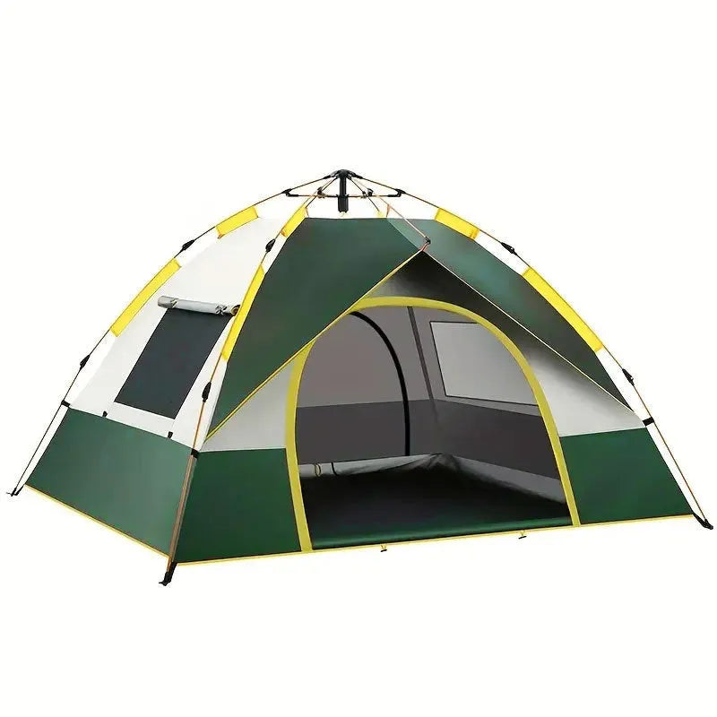 Dark green silver glue automatic quick-open camping tent for 3-4 people set up outdoors.