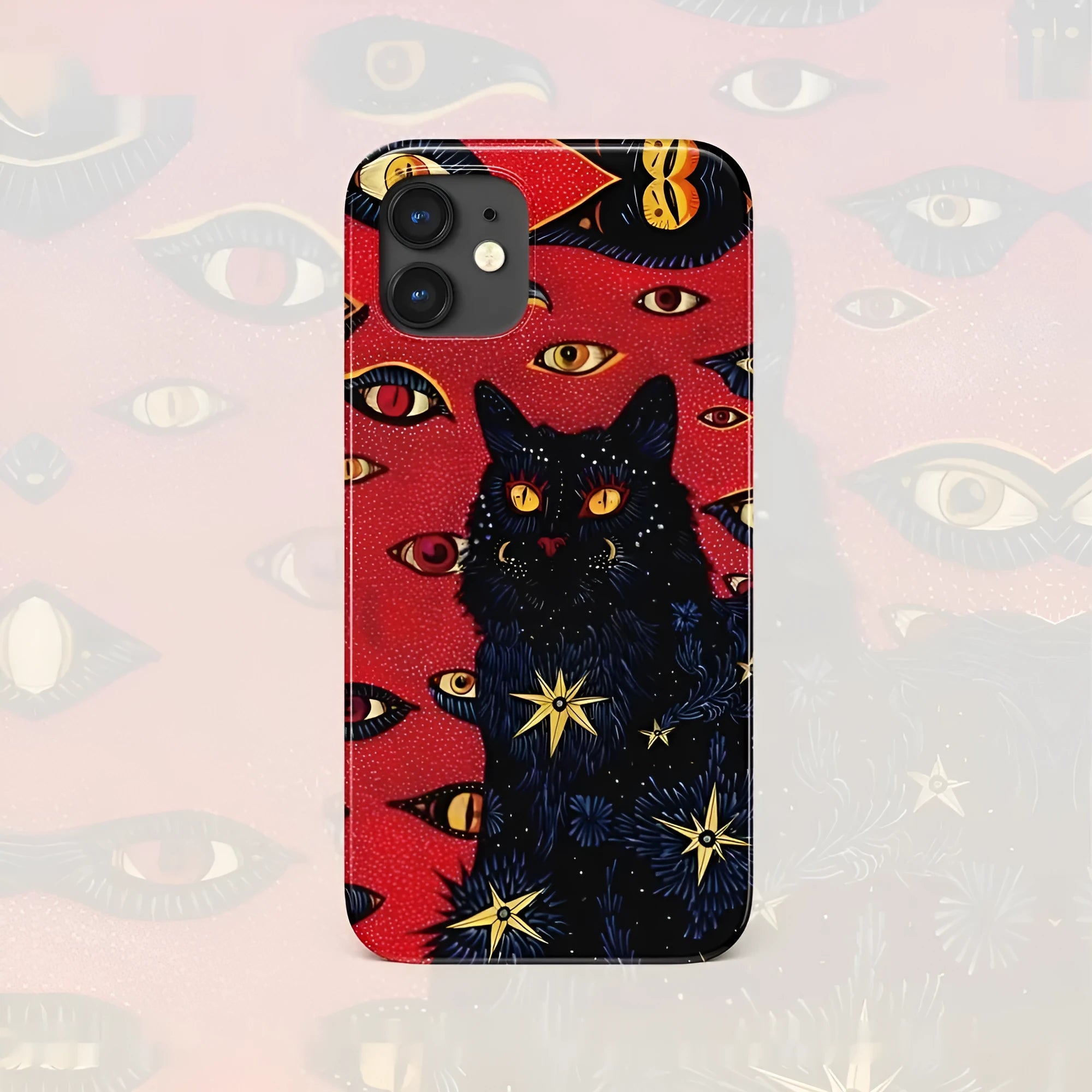 Retro style cat eye design hard shell phone case for iPhone, shown in frosted and glossy finish options.