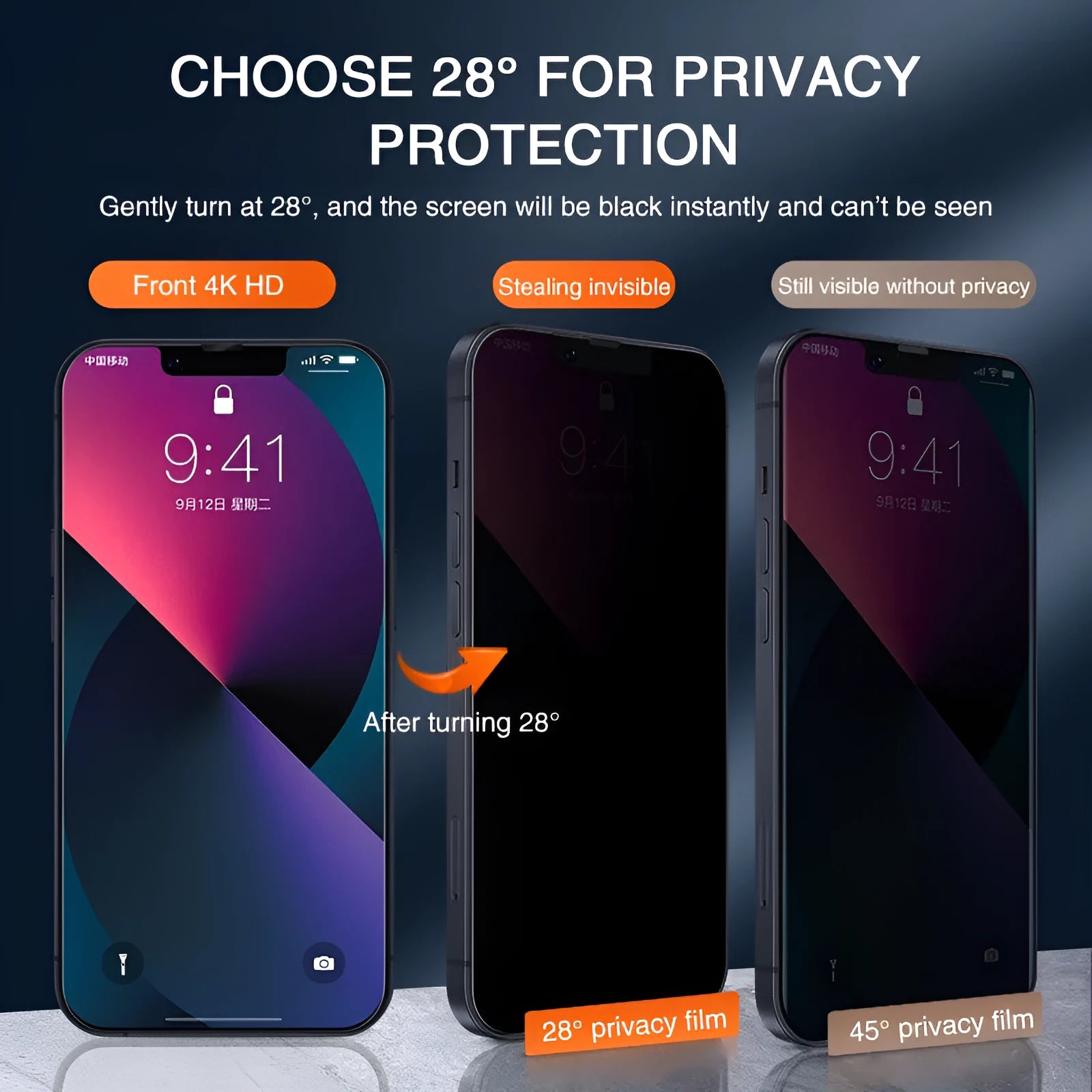 Anti-peeping tempered glass screen protector for iPhone shown against a phone.