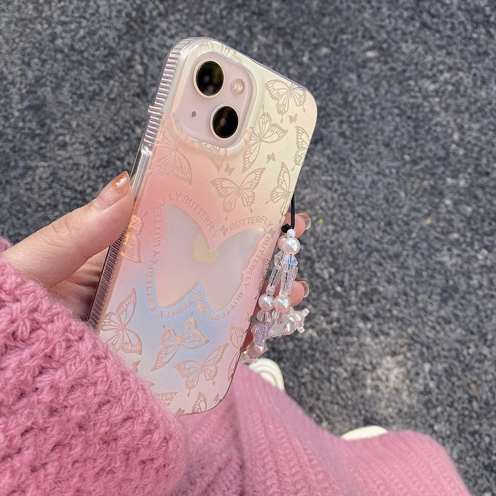 Laser gradient butterfly women's TPU phone case on iPhone 13, showing butterfly pattern and chain option