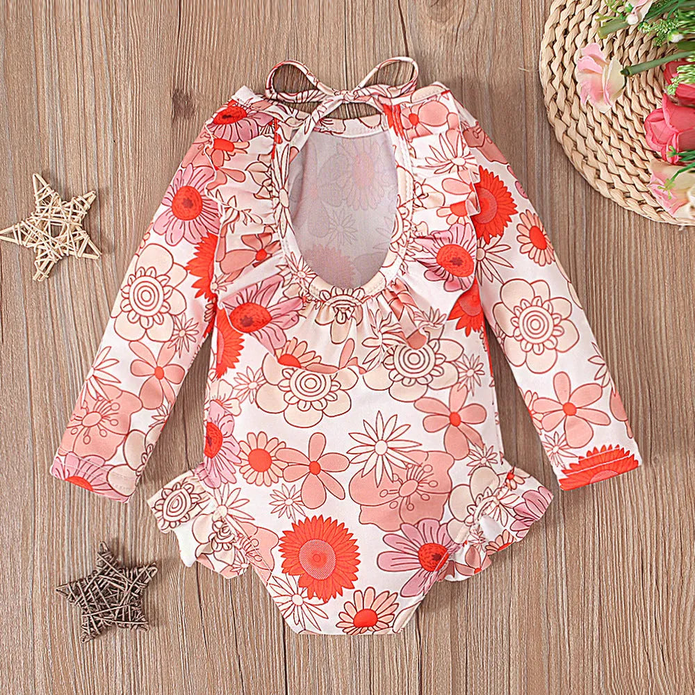 Girl's pattern graphic print crew neck open back swimsuit in orange red with flower design, polyester fabric