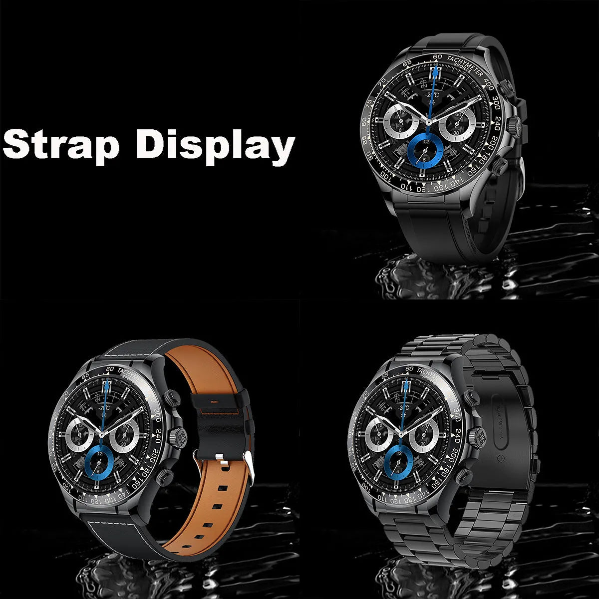 Round screen smart watch EX108 with black silicone band showing time display on IPS touch screen