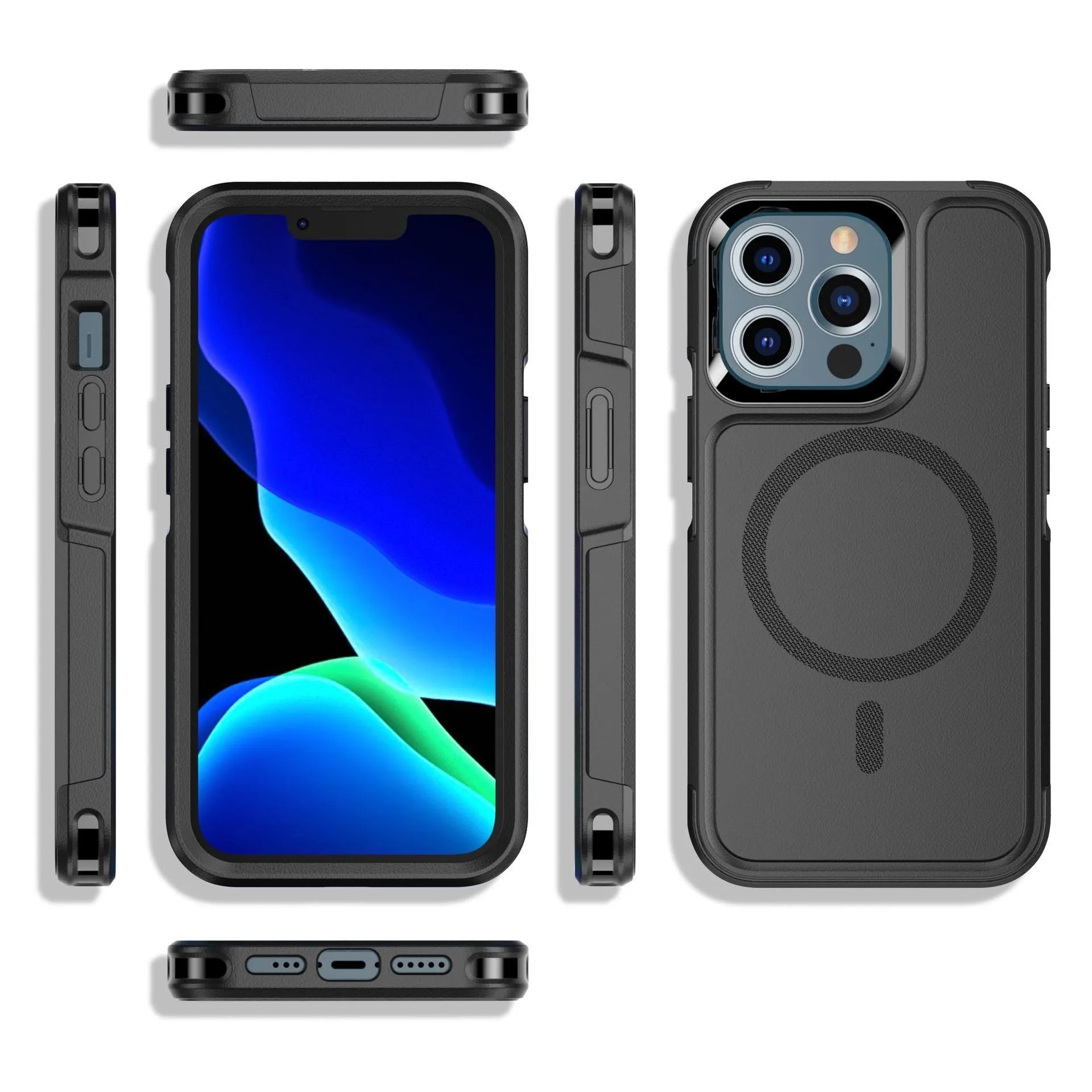 Black shatterproof magnetic phone case for iPhone 12 and 13 series with PC+TPU construction