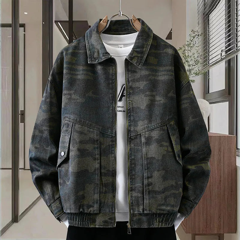 Men's camouflage polo collar jacket in cotton, regular fit, dark green camouflage colour, spring autumn daily wear