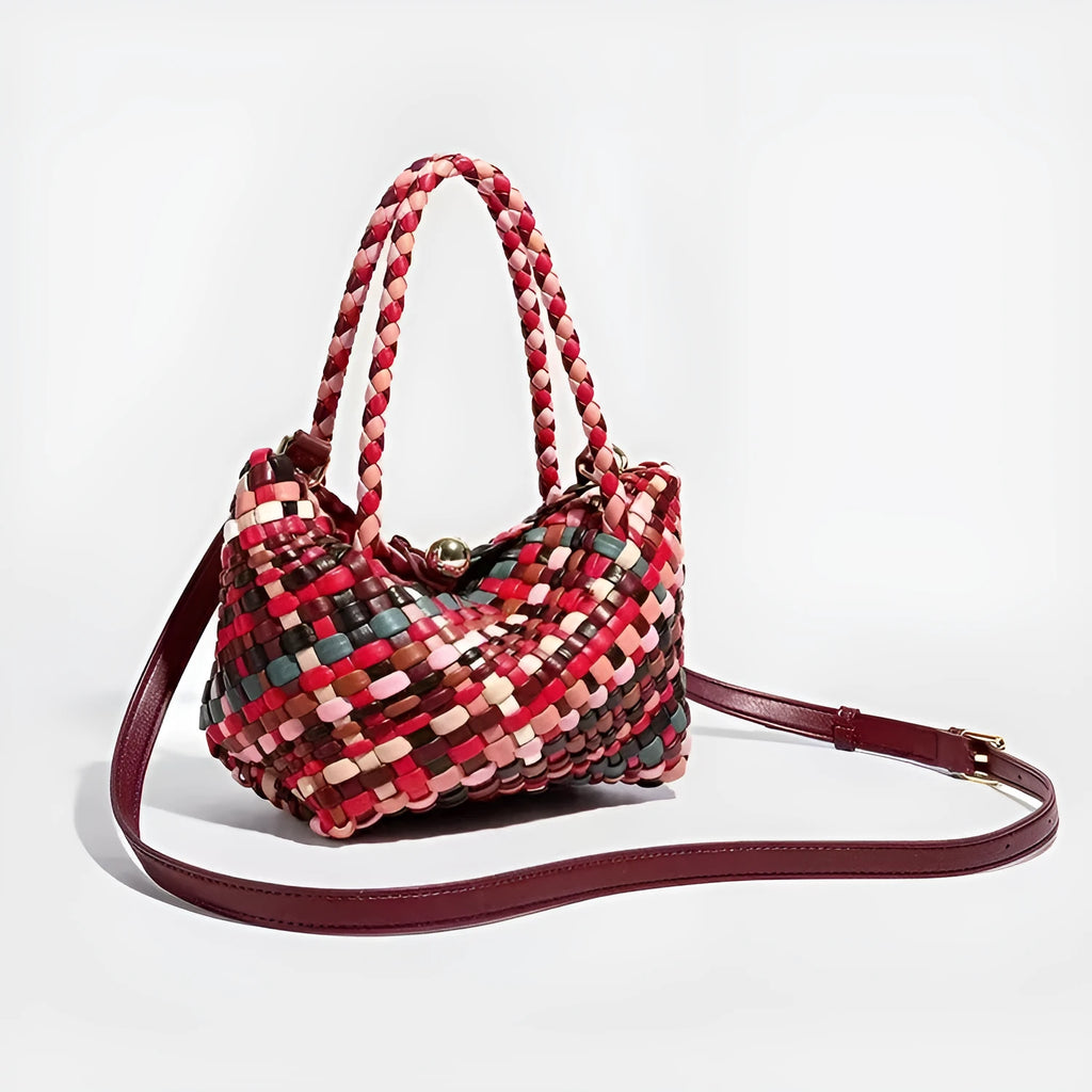 Women's woven PU leather shoulder bag with colour weave pattern, 18cm length