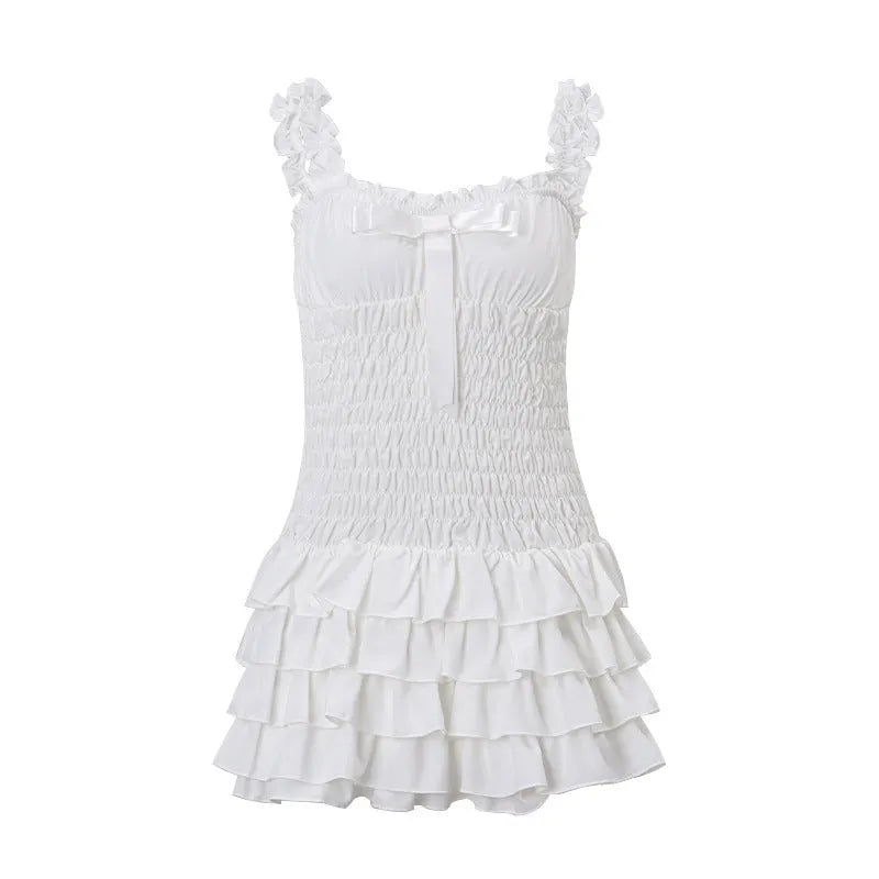 White women's wrap bust halter dress with splicing detail, sleeveless strappy short skirt style