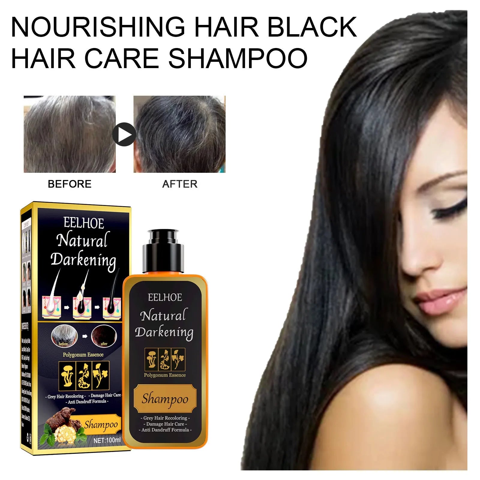 Boxed 100ml bottle of Polygonum Multiflorum Shampoo for hair colour restoration.