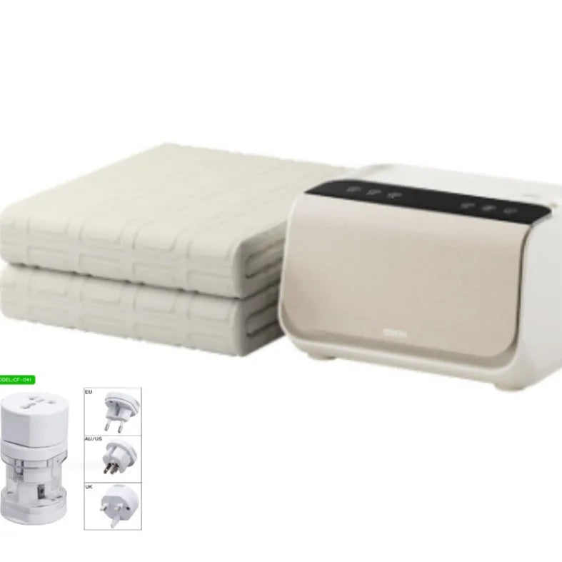 Aideng white electric water blanket with plush surface and smart host, shown in 1.4m and 1.8m width options.
