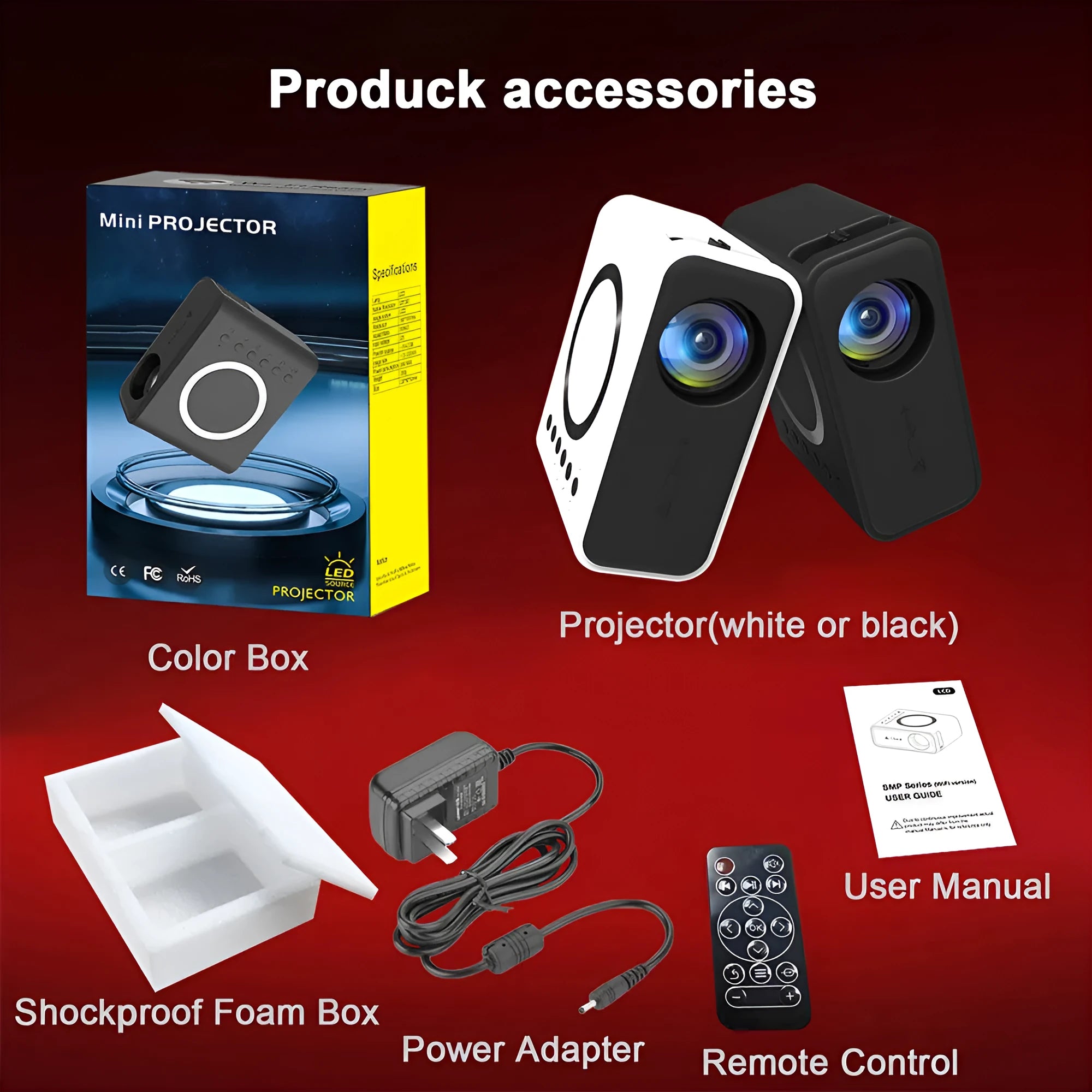 YT300 black or white portable mini projector with remote control on table projecting home theatre image