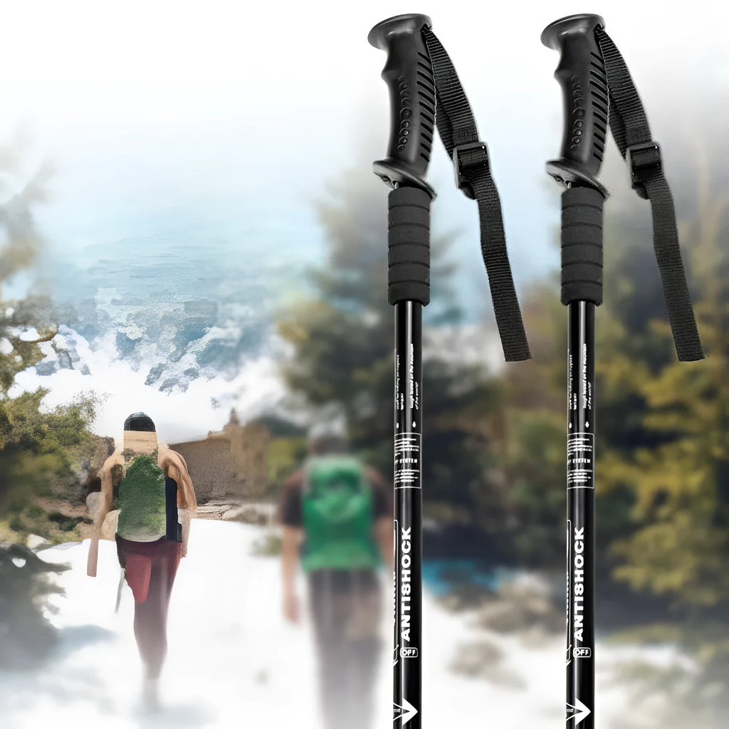 Aluminium alloy adjustable trekking pole extended to full length with mud support accessory attached