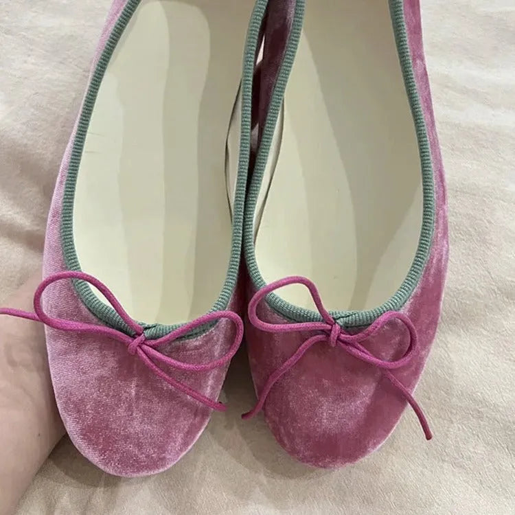 Peach pink suede French retro bow flat ballet slipper with low heel and round toe