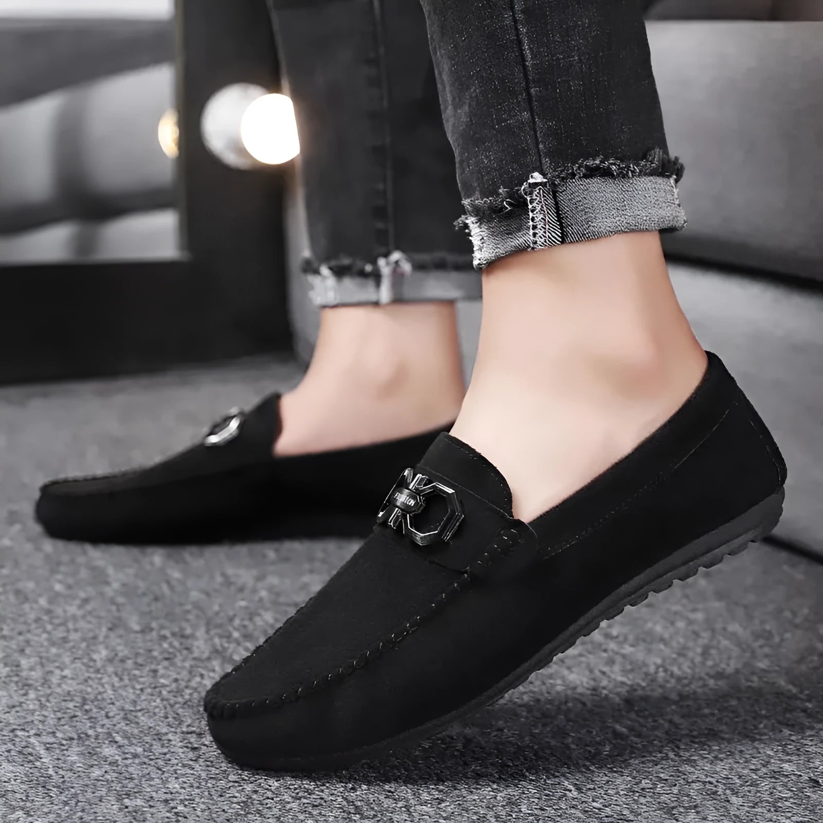 Men's black and grey casual shoes with suede upper and rubber sole