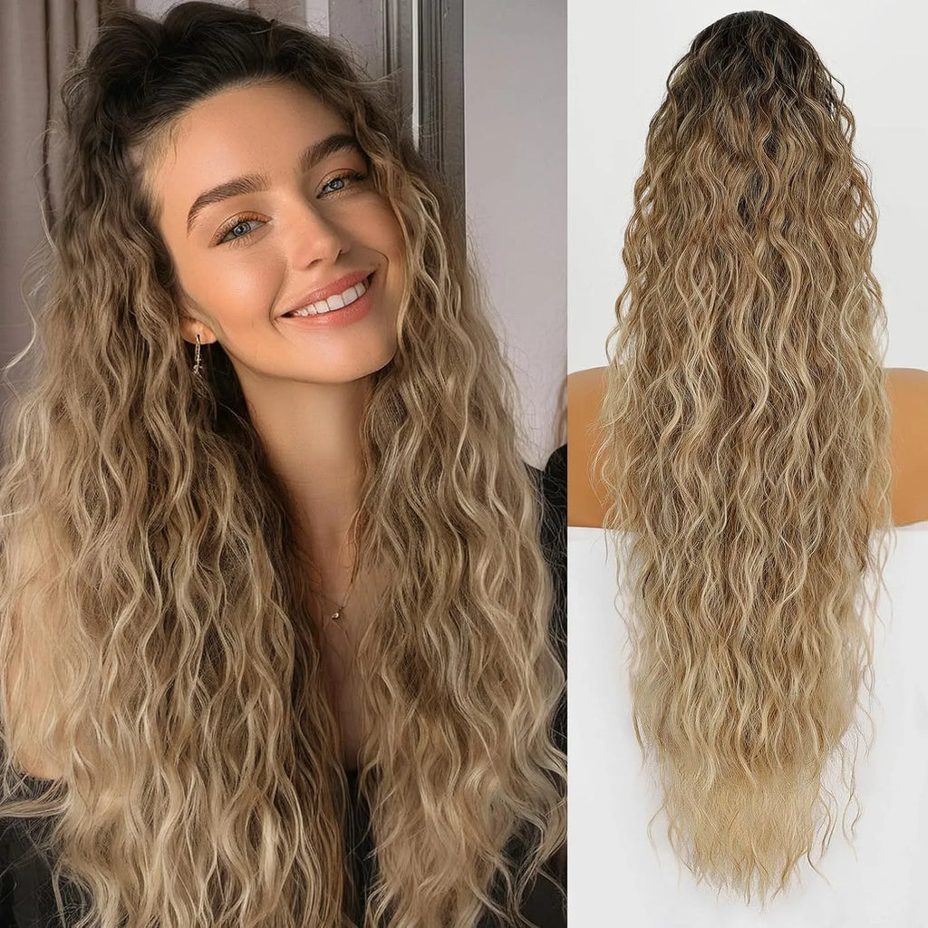 Long, fluffy curly synthetic ponytail wig in a high temperature fibre, shown in a 30-inch length.