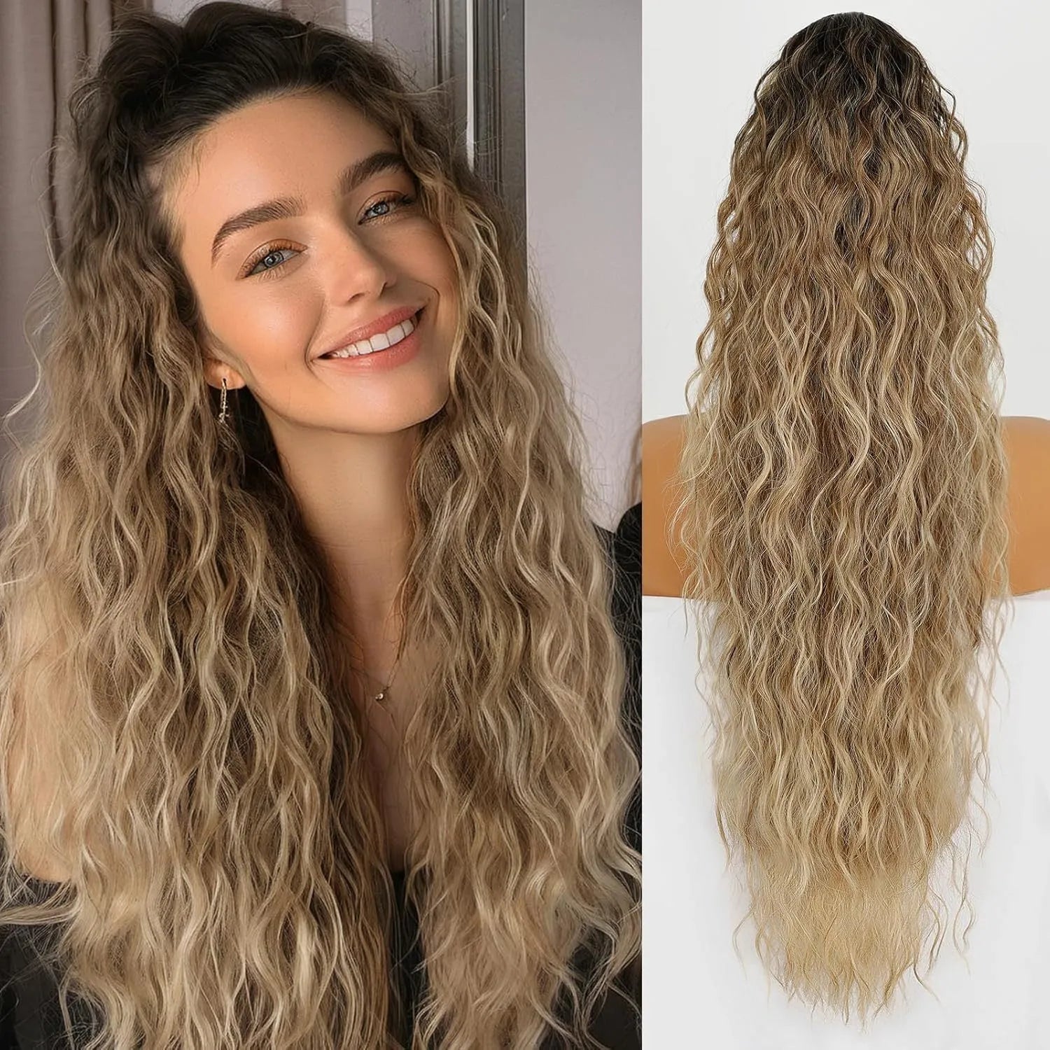 Long, fluffy curly synthetic ponytail wig in a high temperature fibre, shown in a 30-inch length.