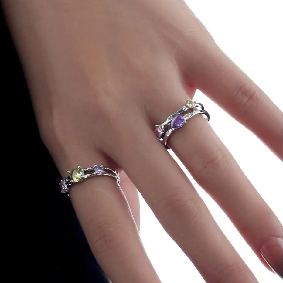 Copper constellation open ring with adjustable band, electroplated non-fading finish, round and oval crystal elements, ins style