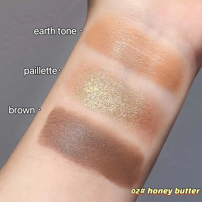 Mini donut eye shadow palette with three pink and brown shades in matte and glittering finishes, compact for daily makeup use