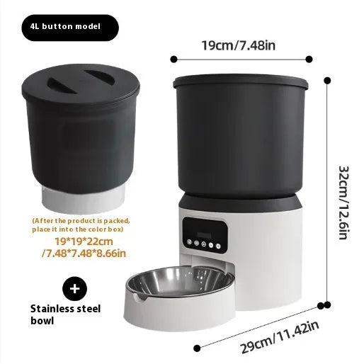 4L smart pet feeder with remote control and video camera on a kitchen floor
