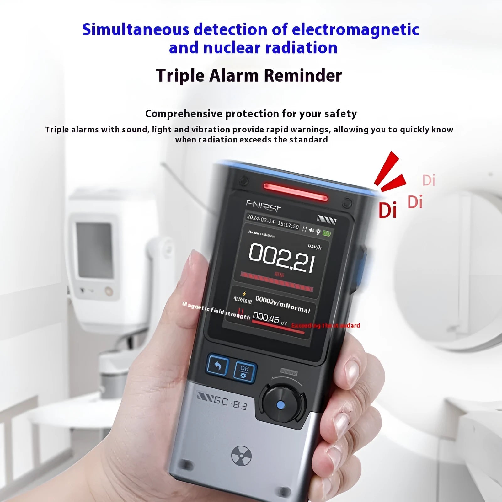 FNIRSI GC-03 black electromagnetic nuclear radiation detector with colour screen and Geiger tube