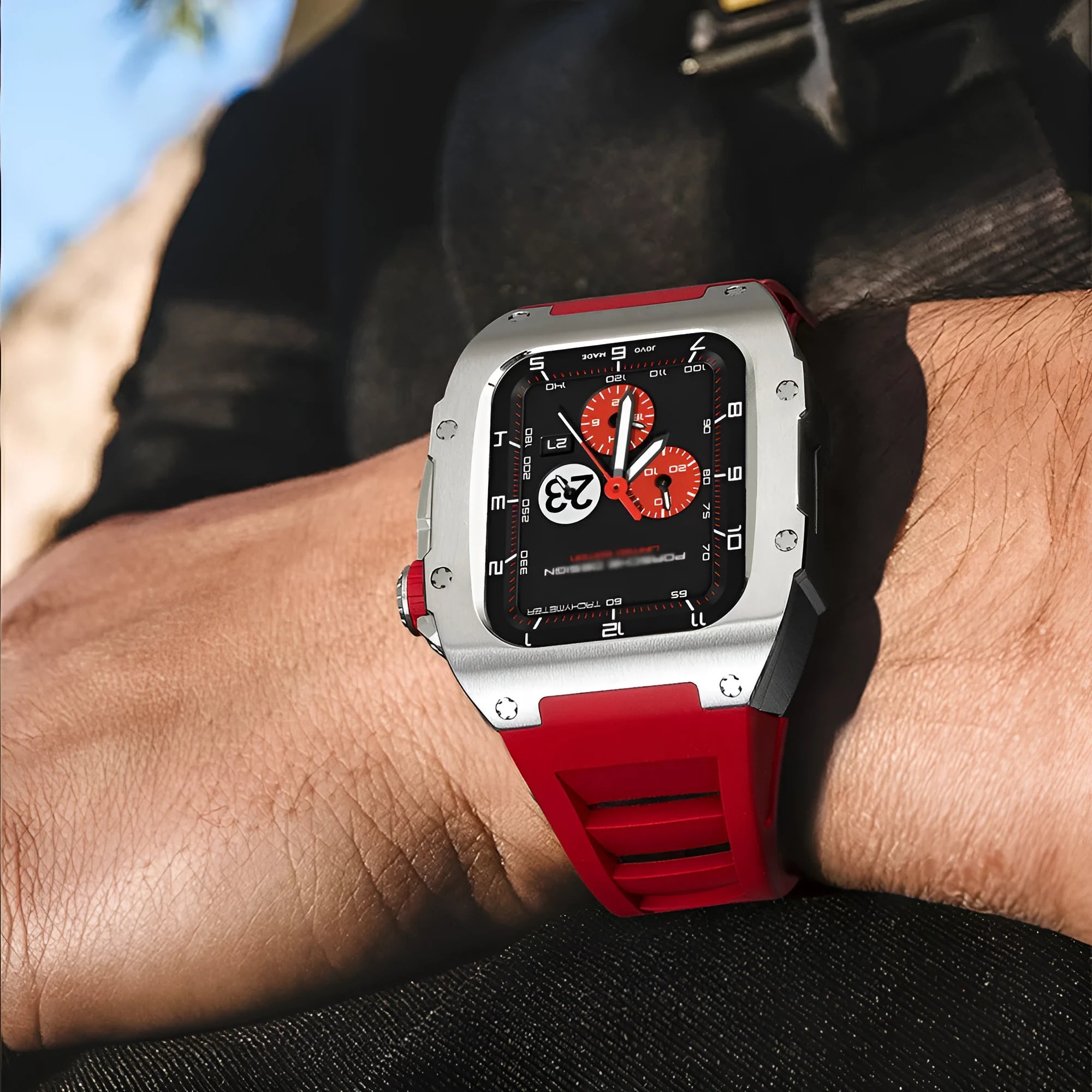 Stainless steel protective case strap with black fluororubber band and rose gold metal frame for Apple Watch 44mm