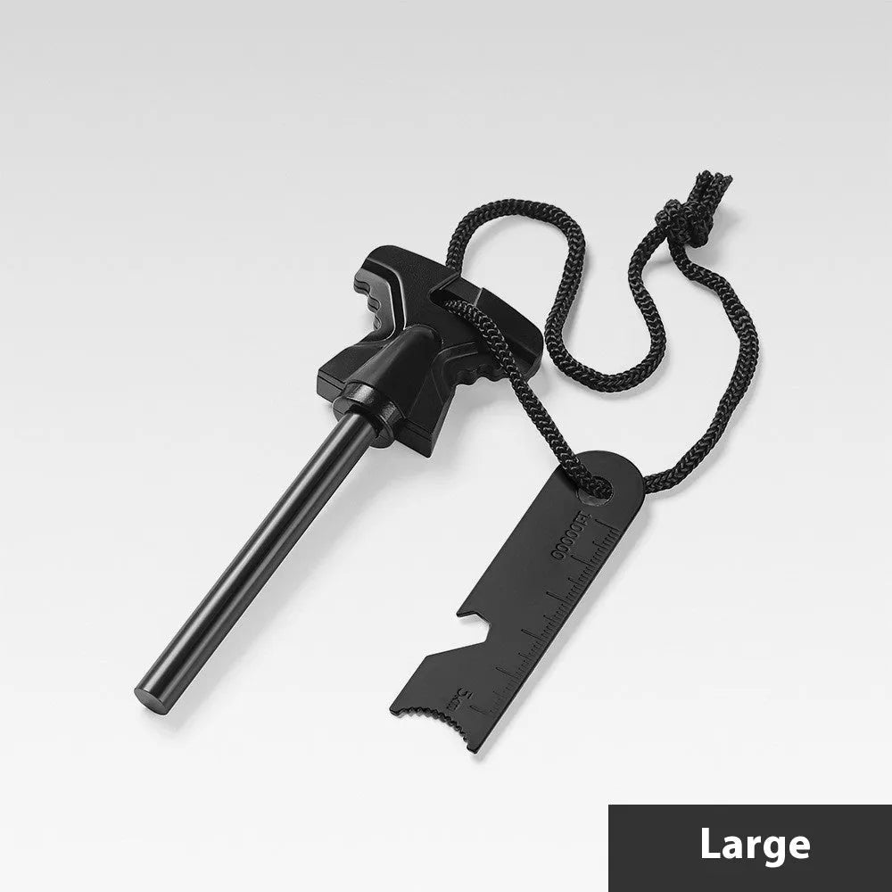 Stainless steel butterfly-shaped firestone survival tool with integrated bottle opener.