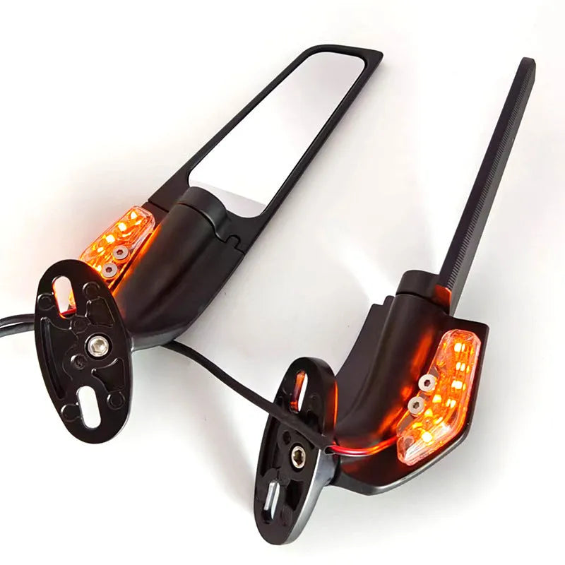 Pair of aluminium motorcycle rearview mirrors with convex lenses and integrated yellow running lights.