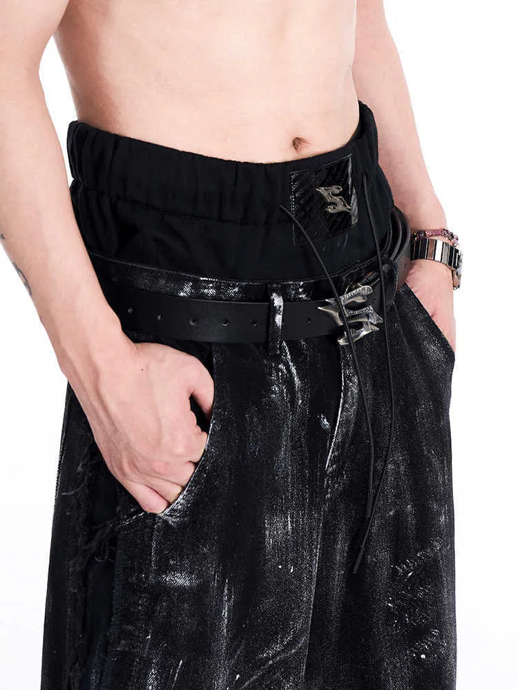 Black men's leather cowhide belt with metal letter buckle, length 110cm.