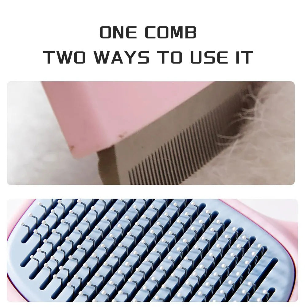 Blue double-sided pet grooming brush with deshedding rake and dematting comb on a 195mm handle.
