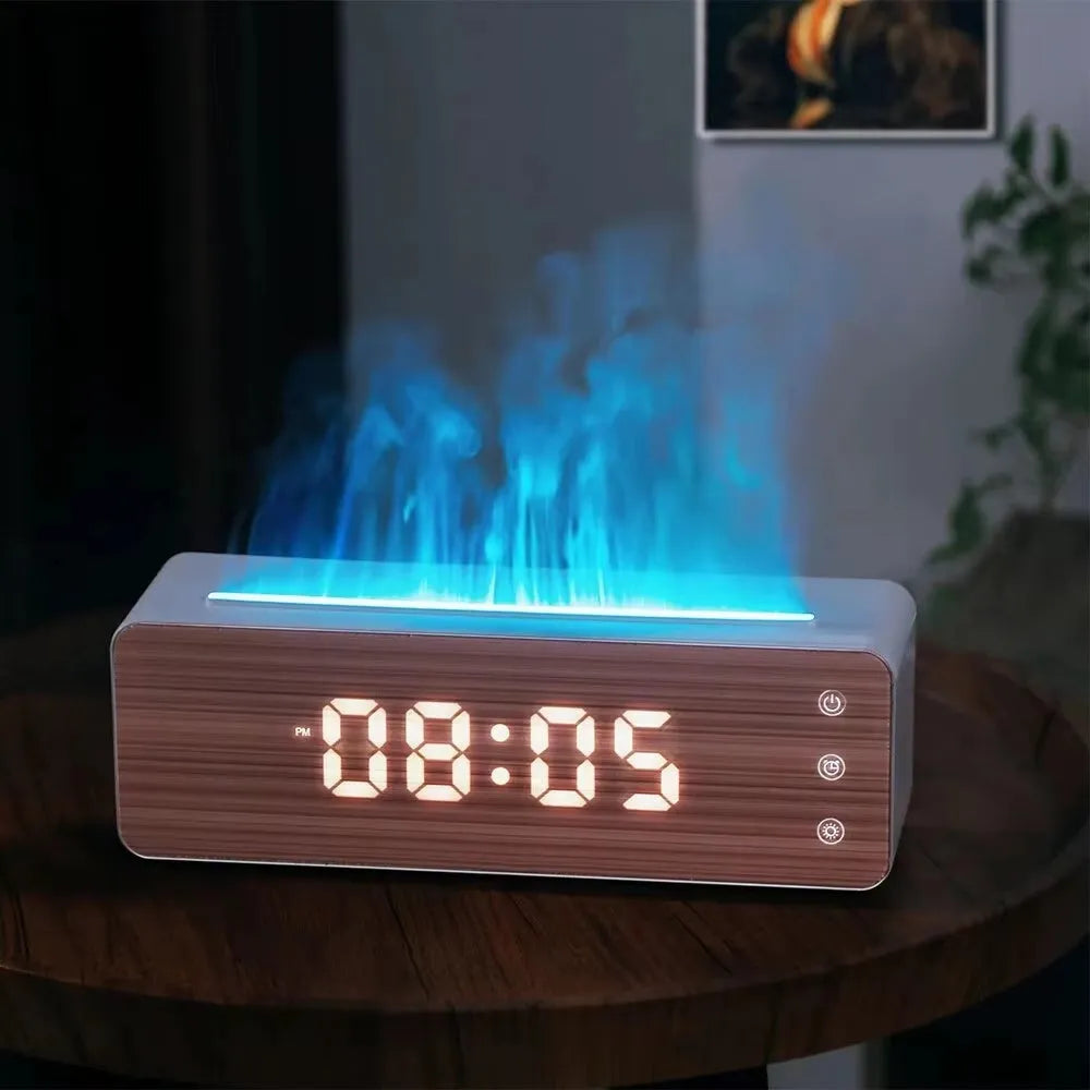 Homefish flame humidifier with wood-grain panel, clock and humidity display on a table