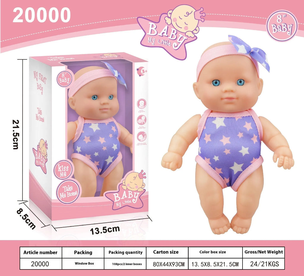 Vinyl baby figurine doll in presentation box, 21.5 cm tall, available in six colours.